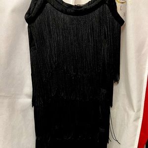 Black, fringe, above knee mini dress.